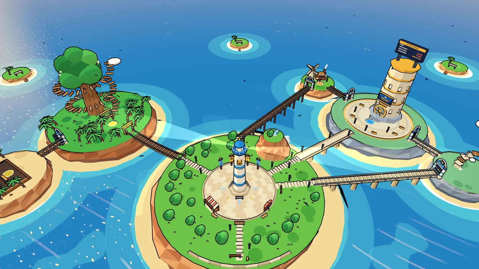 Nano Island from above: its islands, bridges and the lighthouse